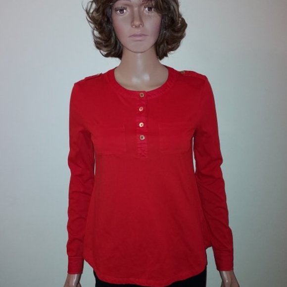 Vtg Tommy Hilfiger Red Collarless Partial Button Blouse Front w/Pockets Size XS - Picture 1 of 4